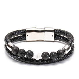 Natural White Turquoise Leather Magnetic Clasp Bracelet with Energy Volcanic Lava Stone