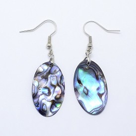 Abalone Shell/Paua ShellOval Dangle Earrings, with Platinum Plated Brass Ear Hooks, 52mm, Pin: 0.8mm