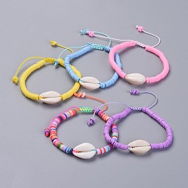 Handmade Polymer Clay Heishi Beads Kids Braided Bracelets, with Cowrie Shell Beads and Nylon Cord