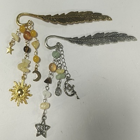 2 Marque-pages en alliage soleil et lune (pièces), Marque-pages à pompon en œil de tigre jaune naturel, jade de Malaisie et éclats de citrine