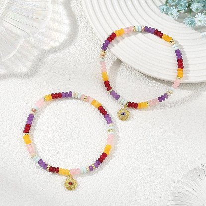 Gradient Color Natural Dyed White Jade & Synthetic Shoushan Stone Rondelle Beaded Stretch Bracelets, with Brass Pave Cubic Zirconia Evil Eye Sun Charms, Golden