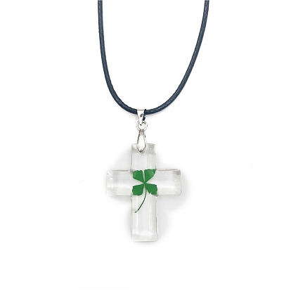Resin with Clover Pendant Necklace with Waxed Cotton Cord for Women