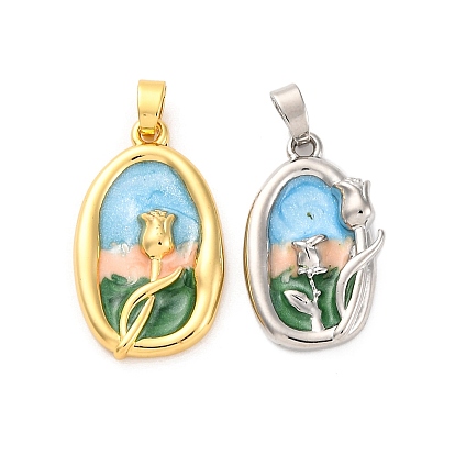 Латунь эмаль подвески, без кадмия, без никеля и без свинца, овал с цветочной подвеской