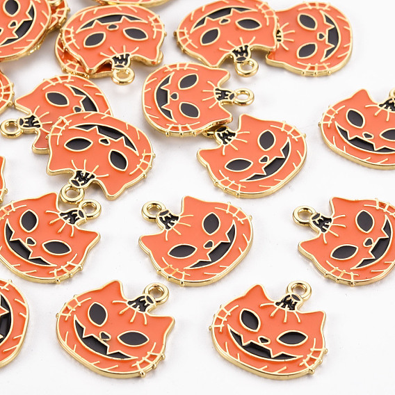 Rack Plating Eco-Friendly Alloy Enamel Pendants, Halloween Theme, Cadmium Free & Lead Free, Light Gold, Pumpkin Jack-O'-Lantern