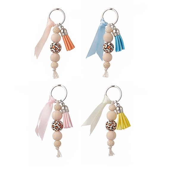 Cube & Round & Octagon Wooden Beaded Pendant Keychain, with Faux Suede Tassel and Ribbon, 304 Stainless Steel Key Ring