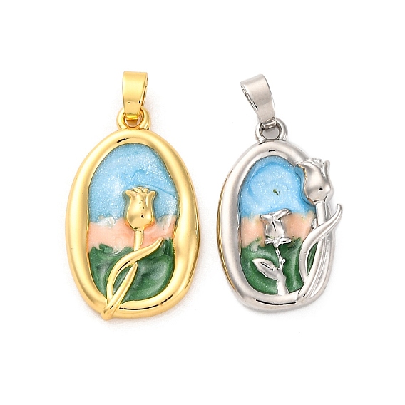 Латунь эмаль подвески, без кадмия, без никеля и без свинца, овал с цветочной подвеской