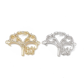 Brass Micro Pave Clear Cubic Zirconia Connector Charms, Tree Links with Swing