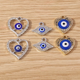 Alloy Enamel Pendants, with Rhinestone, Heart/Eye with Evil Eye Charm