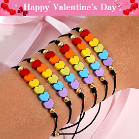 Регулируемый браслет для женщин из черного шнура с бусинами в форме радужного сердца из драгоценных камней.