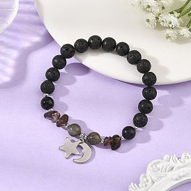 8.5MM Natural Smoky Quartz & Eyeless Obsidian & Labradorite & Lava Rock Round Beaded Stretch Bracelets, 304 Stainless Steel Moon Star Charm Bracelets for Women