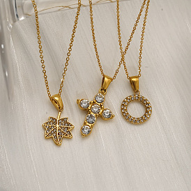 304 Stainless Steel Micro Pave Clear Cubic Zirconia Leaf Pendant Necklaces for Women
