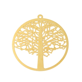 Brass Etched Metal Embellishments Pendants, Flat Round with Tree