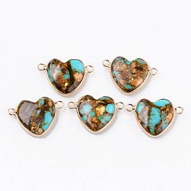 Synthetic Gold Line Turquoise Links Connectors, with Light Gold Plated Brass Edge, Dyed, Heart