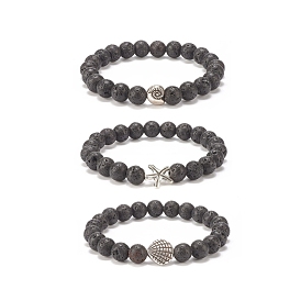 3Pcs 3 Style Natural Lava Rock Stretch Bracelets Set with Starfish & Shell Alloy Beads, Essential Oil Gemstone Jewelry for Women