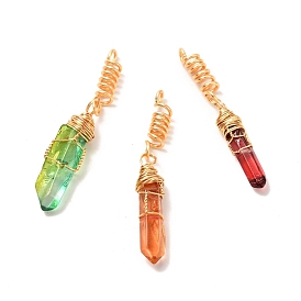 Natural Dyed Quartz Pointed Pendants, Dreadlocks Beads, with Real 18K Gold Plated Eco-Friendly Copper Wire, Bullet