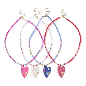 304 Stainless Steel Enamel Heart Pendant Necklace with Glass Beaded Chains