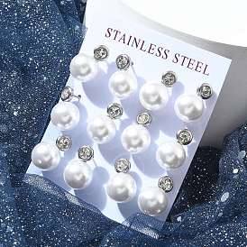 Ion Plating(IP) 304 Stainless Steel Round Stud Earrings, with Rhinestone & Imitation Pearl