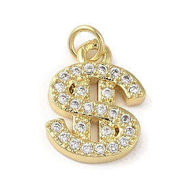 Rack Plating Brass Micro Pave Cubic Zirconia Charms, Dollar, Long-Lasting Plated, Cadmium Free & Lead Free, with Jump Ring