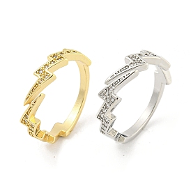 Lightning Bolt Brass Micro Pave Clear Cubic Zirconia Open Cuff Rings, Long-Lasting Plated