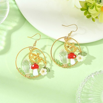 Pendientes de cristal de latón pendientes, hada con setas, con abs de plástico imitación perla, pendientes colgantes de latón para mujer