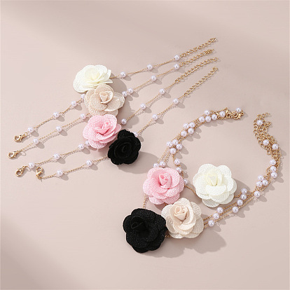 Ожерелья и браслеты с подвесками из розовой ткани и пластикового жемчуга, сплав ювелирных изделий, золотые