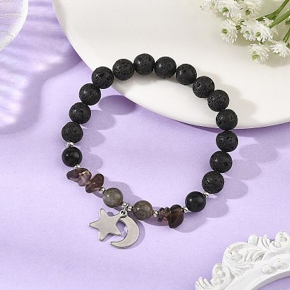 8.5MM Natural Smoky Quartz & Eyeless Obsidian & Labradorite & Lava Rock Round Beaded Stretch Bracelets, 304 Stainless Steel Moon Star Charm Bracelets for Women