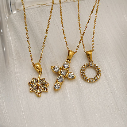 304 Stainless Steel Micro Pave Clear Cubic Zirconia Leaf Pendant Necklaces for Women