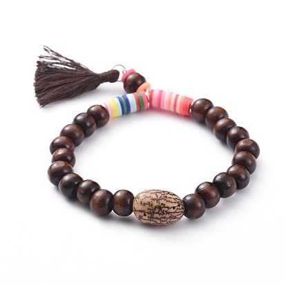 Étirer bracelets de charme, avec des perles de bois teintes, perles de Bodhi, pompon de coton, perles heishi en pâte polymère et perles d'espacement en laiton