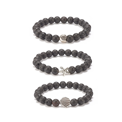 3Pcs 3 Style Natural Lava Rock Stretch Bracelets Set with Starfish & Shell Alloy Beads, Essential Oil Gemstone Jewelry for Women