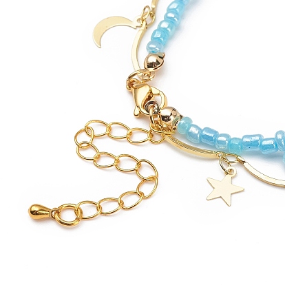 Brass Moon and Star Charms & Seed Flower Double Layer Multi-strand Bracelet for Women