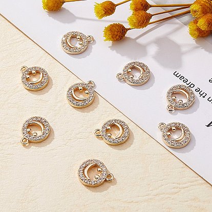 10Pcs Rack Plating Brass Micro Pave Clear Cubic Zirconia Charms, Long-Lasting Plated, Flat Round with Smiling Face