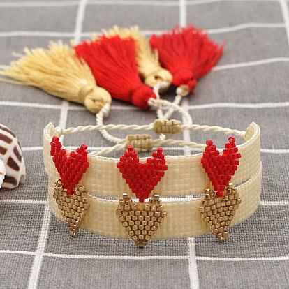 Miyuki Seed Braided Bead Bracelet with Double Big Tassel, Wide Band with Triple Heart Friendship Bracelet for Women