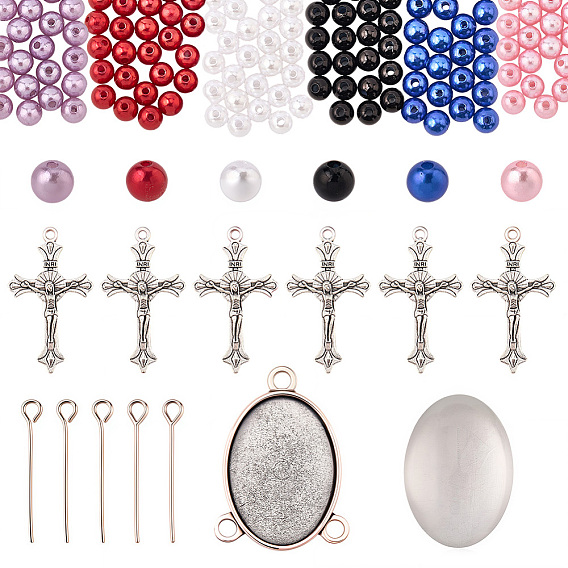 Наборы для самостоятельного изготовления четок из бусин, включая подвески из цинкового сплава и оправу для кабошона, Кабошоны из стекла, пластиковые жемчужные бисера, латунный штифт