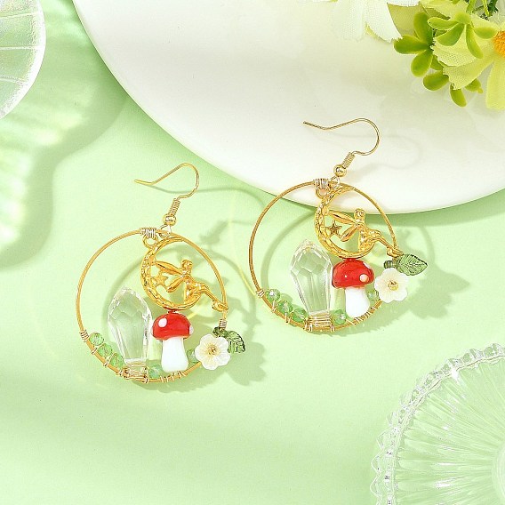 Pendientes de cristal de latón pendientes, hada con setas, con abs de plástico imitación perla, pendientes colgantes de latón para mujer