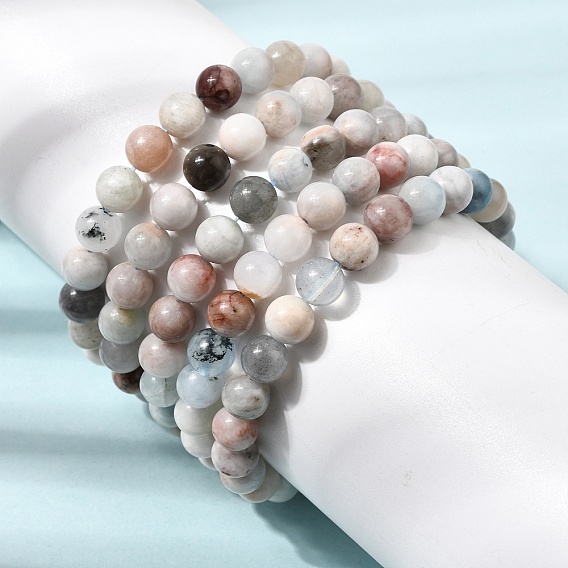 Pulseras elásticas redondas de cuentas de aguamarina natural para mujer