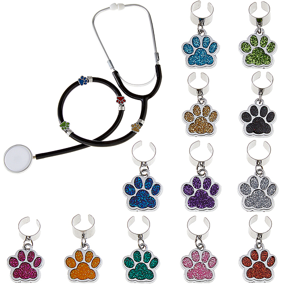 12 шт 12 цвета отпечаток лапы сплав эмаль стетоскоп подвеска украшения, с 304 фурнитурой из нержавеющей стали