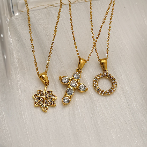 304 Stainless Steel Micro Pave Clear Cubic Zirconia Leaf Pendant Necklaces for Women