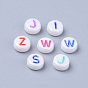 Opaque White Acrylic Beads, Metal Enlaced, Horizontal Hole, Flat Round with Letters