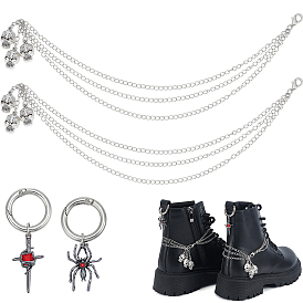 4шт. 3 стили латунные цепочки для ремешков сапог и наборы подвесок для обуви из сплава со стразами, с подвеской в виде черепа из сплава и застежками-клешнями лобстера