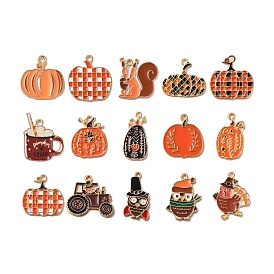 Thanksgiving Day Golden Tone Alloy Enamel Pendants, Pumpkin & Squirrel & Owl