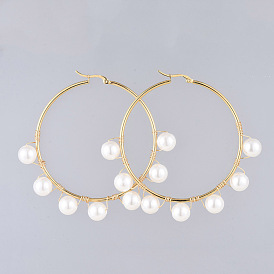 304 Stainless Steel Hoop Earrings, with Acrylic Imitation Pearl Beads, Round