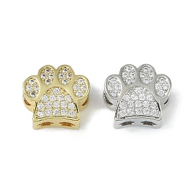 Rack Plating Brass Micro Pave Clear Cubic Zirconia Beads, Long-Lasting Plated, Lead Free & Cadmium Free, Paw Print