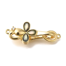 Brass Black Lip Shell Fold Over Clasps, with Micro Pave Cubic Zirconia, Flower