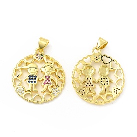 Brass Micro Pave Cubic Zirconia Pendants, Flat Round with Lover & Heart Charm, Golden