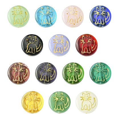 14 шт 14 цвета бусины лэмпворк ручной работы, плоские круглые с кошкой, золотой металл обвитыми