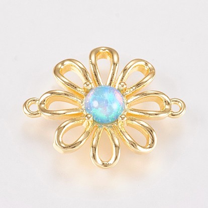 Brass Flower Links Connectors, with Synthetic Opal Stamen