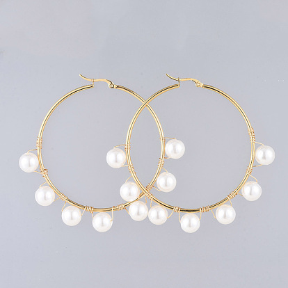 304 Stainless Steel Hoop Earrings, with Acrylic Imitation Pearl Beads, Round