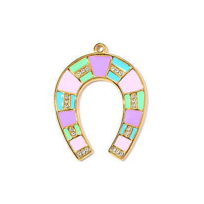 304 подвески из нержавеющей стали с эмалью и стразами, подкова очарование, ионное покрытие (ip), долговечный, зеркальная полировка, реальный 18 k позолоченный