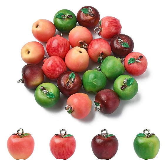 20Pcs 4 Colors Opaque Resin Pendants, Apple Charm, with Platinum Iron Loop
