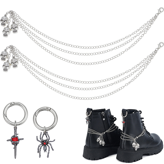 4шт. 3 стили латунные цепочки для ремешков сапог и наборы подвесок для обуви из сплава со стразами, с подвеской в виде черепа из сплава и застежками-клешнями лобстера
